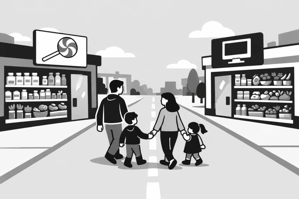 Family walking into a grocery store
